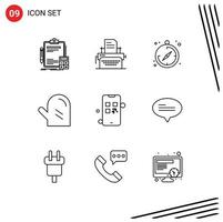 Group of 9 Modern Outlines Set for marketing meal machine glove drink Editable Vector Design Elements