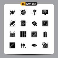 Modern Set of 16 Solid Glyphs Pictograph of syringe big think confect world computer Editable Vector Design Elements