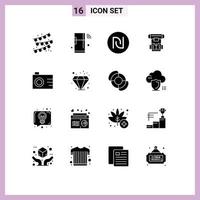 Group of 16 Solid Glyphs Signs and Symbols for camera cryonics shekel cryogenic box Editable Vector Design Elements