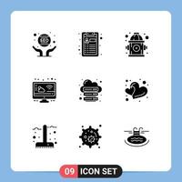 Pack of 9 Modern Solid Glyphs Signs and Symbols for Web Print Media such as internet database fire weather cloudy Editable Vector Design Elements