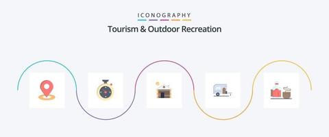 turismo y recreación al aire libre flat 5 icon pack incluyendo taza. viajar. hotel . acampar. caravana vector