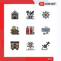 Pack of 9 Modern Filledline Flat Colors Signs and Symbols for Web Print Media such as travel doller distribution coin payments Editable Vector Design Elements