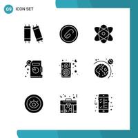 Modern Set of 9 Solid Glyphs Pictograph of speaker loud atom heart descriptive statistics Editable Vector Design Elements