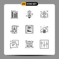 Pack of 9 Modern Outlines Signs and Symbols for Web Print Media such as decryption cryptography pollution analysis user Editable Vector Design Elements