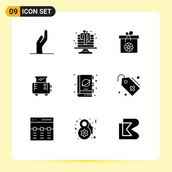 Pictogram Set of 9 Simple Solid Glyphs of science fiction box book toast machine Editable Vector Design Elements