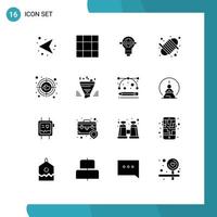 Pack of 16 Modern Solid Glyphs Signs and Symbols for Web Print Media such as target aim globe yarn equipment Editable Vector Design Elements