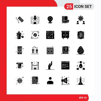 conjunto moderno de 25 pictogramas de glifos sólidos del puntero del mapa del documento de escudo colocar elementos de diseño de vectores editables