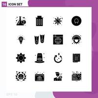 Group of 16 Solid Glyphs Signs and Symbols for focus bulb brightness plug charge Editable Vector Design Elements