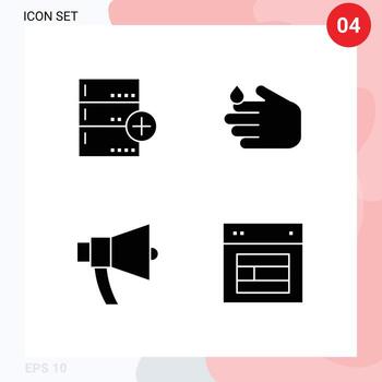 paquete de glifos sólidos de 4 símbolos universales de agregar datos de anuncios elementos de diseño vectorial editables a mano en voz alta vector