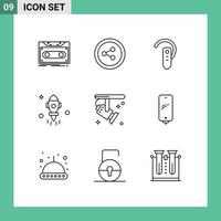 Pack of 9 Modern Outlines Signs and Symbols for Web Print Media such as electronic fly bluetooth space astronomy Editable Vector Design Elements