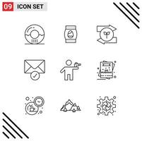 Pictogram Set of 9 Simple Outlines of gunman verification holiday sent green eco Editable Vector Design Elements