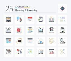 Marketing And Advertising 25 Flat Color icon pack including marketing. connection. marketing. communication. message vector