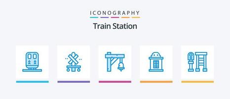 paquete de iconos azul 5 de la estación de tren que incluye la estación. mesa de trabajo. campana. tren. boleto. diseño de iconos creativos vector