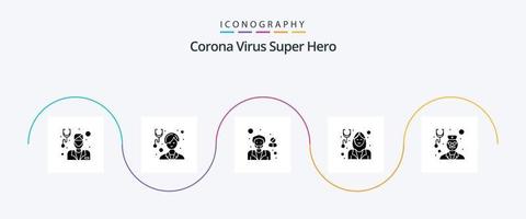 paquete de iconos de glifo 5 de superhéroe del virus de la corona que incluye avatar. femenino. mujer. farmacia. hospital vector