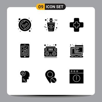 9 conjunto de glifos sólidos universales para aplicaciones web y móviles sonido audio gráfico móvil médico infografía elementos de diseño vectorial editables vector
