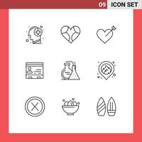 conjunto moderno de 9 esquemas pictográficos de tarjetas de oficina como elementos de diseño de vectores editables de amor empresarial