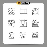 símbolos de iconos universales grupo de 9 contornos modernos de cumpleaños naturaleza sol amor eco elementos de diseño vectorial editables vector