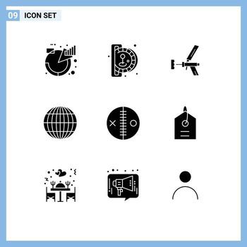 Editable Vector Line Pack of 9 Simple Solid Glyphs of globe gun play tool foam Editable Vector Design Elements