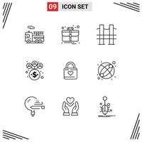 Pack of 9 Modern Outlines Signs and Symbols for Web Print Media such as heart lock heart river locker network Editable Vector Design Elements