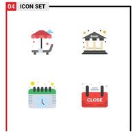 User Interface Pack of 4 Basic Flat Icons of sun bed schedule bank building close Editable Vector Design Elements