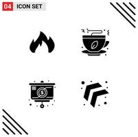 Modern Set of 4 Solid Glyphs Pictograph of fire strategy spark fast food money Editable Vector Design Elements