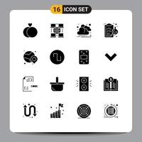 Set of 16 Commercial Solid Glyphs pack for sound location sun globe laboratory Editable Vector Design Elements