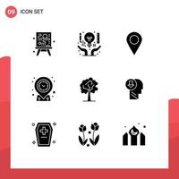 Pictogram Set of 9 Simple Solid Glyphs of growth tree location time location Editable Vector Design Elements