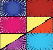 Comic book colorful frames background with halftone rays radial and dotted effects pop art style vector