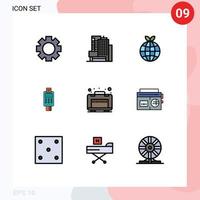 Pack of 9 Modern Filledline Flat Colors Signs and Symbols for Web Print Media such as luggage payment globe credit card machine check Editable Vector Design Elements