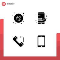 Pack of 4 creative Solid Glyphs of arrow incoming email send mobile Editable Vector Design Elements