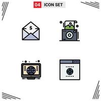 Group of 4 Modern Filledline Flat Colors Set for dollar computer money photo learning Editable Vector Design Elements