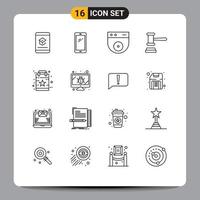 Group of 16 Outlines Signs and Symbols for bag hammer android court security Editable Vector Design Elements