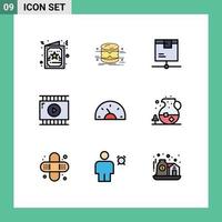 Modern Set of 9 Filledline Flat Colors Pictograph of video design journalist video monitoring film editing product Editable Vector Design Elements