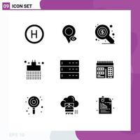 Editable Vector Line Pack of 9 Simple Solid Glyphs of server data search admin shower Editable Vector Design Elements