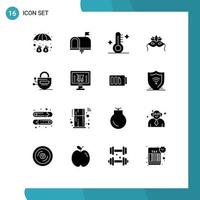 16 Thematic Vector Solid Glyphs and Editable Symbols of lock venetian in box costume weather Editable Vector Design Elements