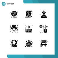 Group of 9 Solid Glyphs Signs and Symbols for economy romance complex love balloons Editable Vector Design Elements