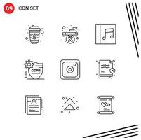 9 User Interface Outline Pack of modern Signs and Symbols of deny media music instagram secure Editable Vector Design Elements