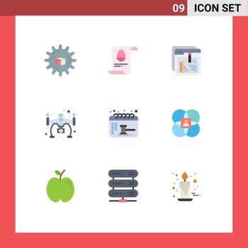 paquete de color plano de 9 símbolos universales de elementos de diseño de vector editables de archivo de hobby de navegador de cámara de calendario