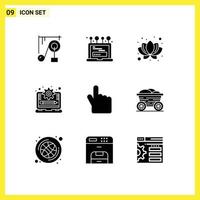 Pictogram Set of 9 Simple Solid Glyphs of hand finger lotus progress management Editable Vector Design Elements