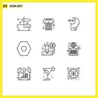 Set of 9 Vector Outlines on Grid for global investment brian businessman settings Editable Vector Design Elements