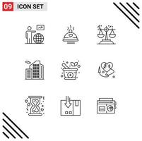 Group of 9 Outlines Signs and Symbols for real building love law court Editable Vector Design Elements