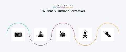 Tourism And Outdoor Recreation Glyph 5 Icon Pack Including torch. flashlight. building. fire. campfire vector