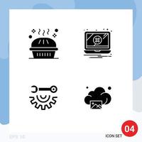 Solid Glyph Pack of 4 Universal Symbols of bakery wrench wheel pie notification hand tools Editable Vector Design Elements