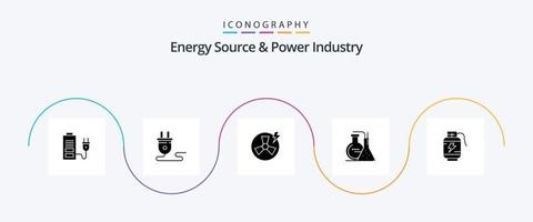 fuente de energía y paquete de iconos de glifo 5 de la industria de energía que incluye acumulador. laboratorio. reacción. fábrica vector