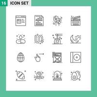 Universal Icon Symbols Group of 16 Modern Outlines of multimedia clip paper cut festival Editable Vector Design Elements