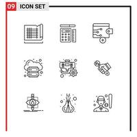 Pack of 9 Modern Outlines Signs and Symbols for Web Print Media such as cog platform business internet hosting Editable Vector Design Elements