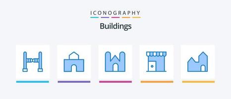 paquete de iconos de 5 edificios azules que incluye tienda. mercado. castillo. edificio del instituto. medieval. diseño de iconos creativos vector