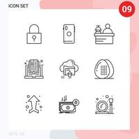 Group of 9 Outlines Signs and Symbols for arrow reading camera online book Editable Vector Design Elements