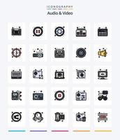 paquete de iconos rellenos de 25 líneas de audio y video creativo, como piano. sonido. cámara. música. control vector