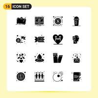 Mobile Interface Solid Glyph Set of 16 Pictograms of achievement limonade warning american money Editable Vector Design Elements